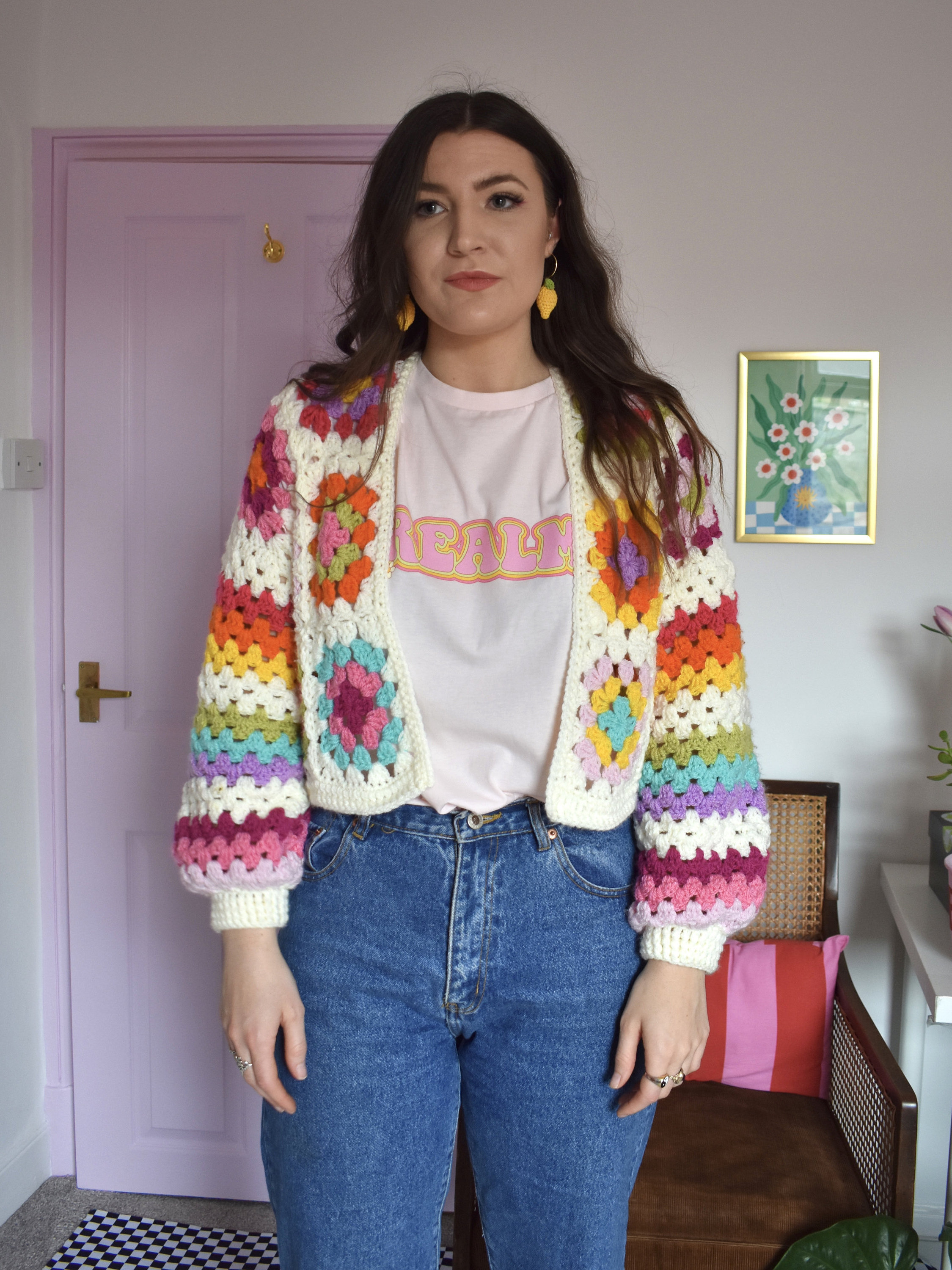 Spring Customized Crochet Pattern Design Granny Check Stripe Rainbow Knitted Short Crochet Cardigan Women's Sweater