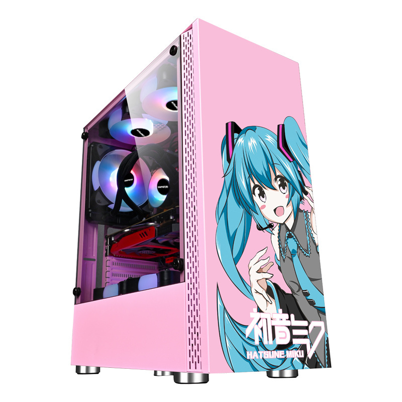 Pink Color production with front panel glass display dustproof outdoor PC gaming anime computer case pc case