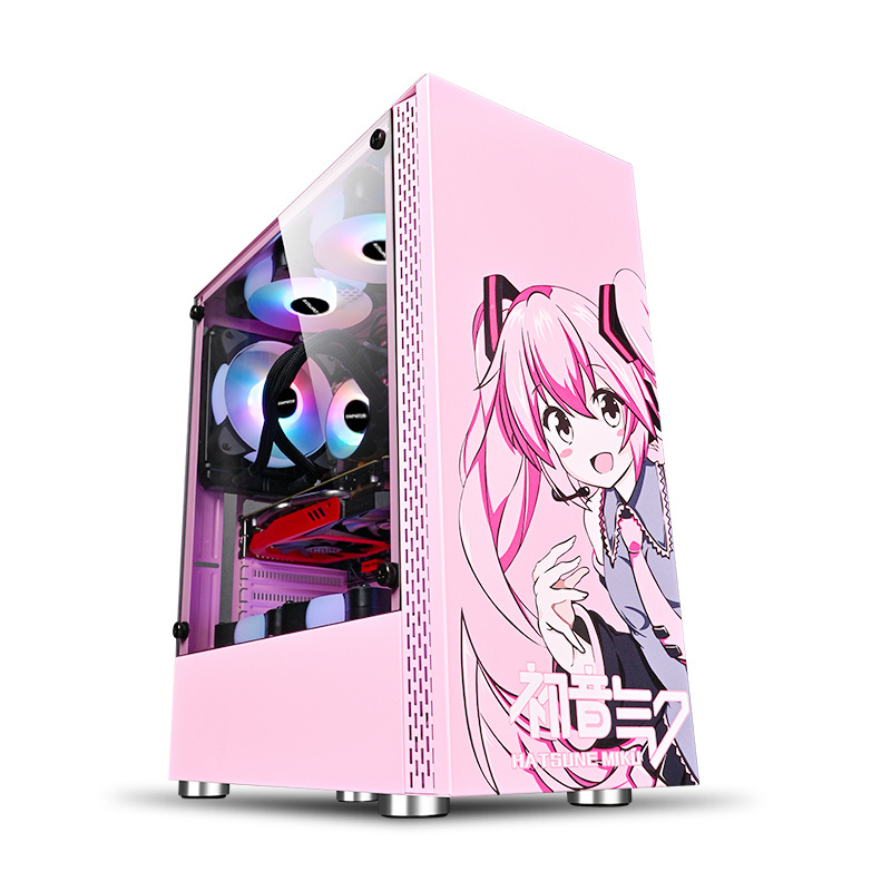 Pink Color production with front panel glass display dustproof outdoor PC gaming anime computer case pc case