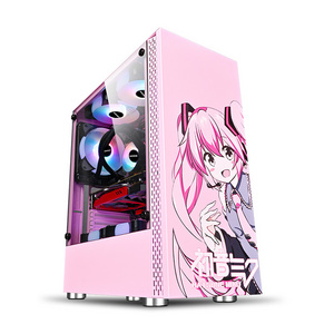 Pink Color production with front panel glass display dustproof outdoor PC gaming anime computer case pc case