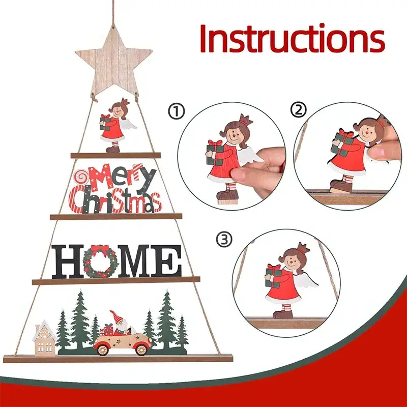 Wooden Hanging Christmas Wall Decor 4 Tiers Tiered Xmas Tree Ornament Star Welcome Home Sign Festive Silk Set