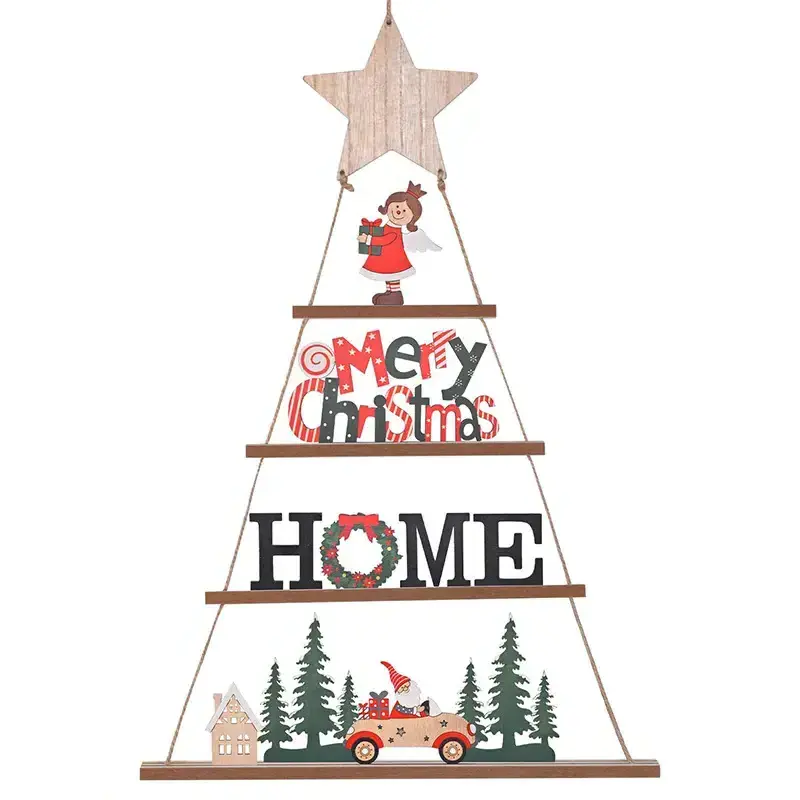 Wooden Hanging Christmas Wall Decor 4 Tiers Tiered Xmas Tree Ornament Star Welcome Home Sign Festive Silk Set