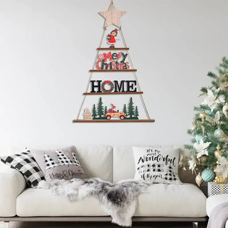 Wooden Hanging Christmas Wall Decor 4 Tiers Tiered Xmas Tree Ornament Star Welcome Home Sign Festive Silk Set