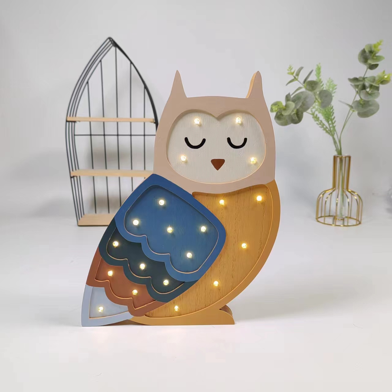 Cartoon Design Wooden Owl Night Light Folk Art LED Model for Children Painted with Fairy Theme for Home Decoration