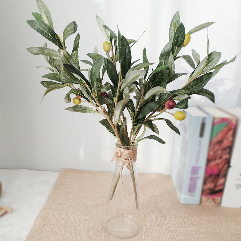 Simulated olive branch green artificial 3 branches olive leaf accessories for plant wall household wedding decoration