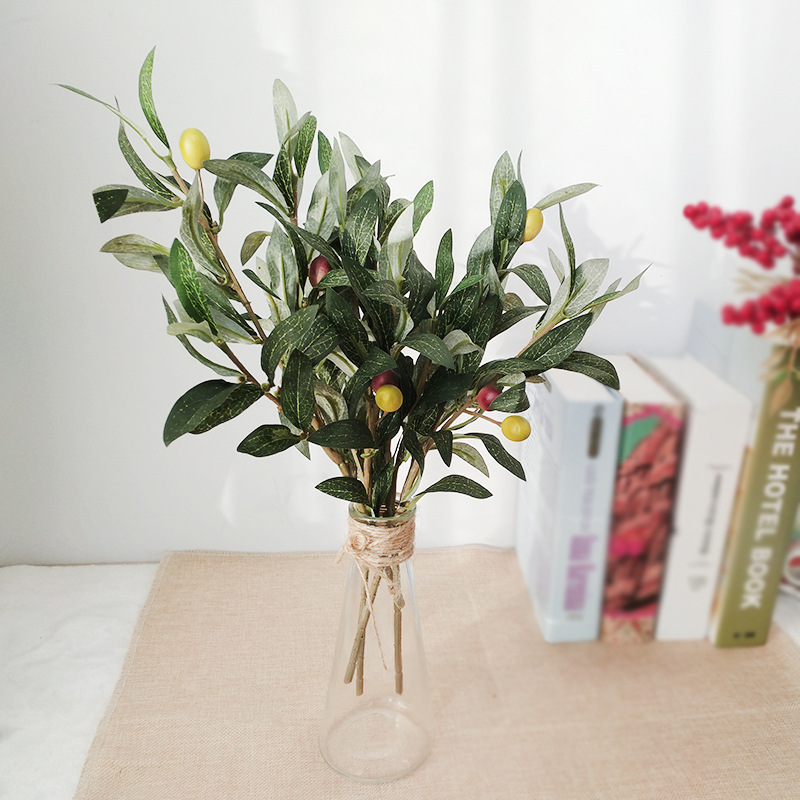 Simulated olive branch green artificial 3 branches olive leaf accessories for plant wall household wedding decoration