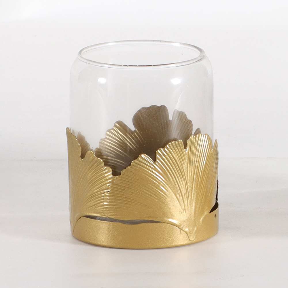 Creative Iron Candlestick Metal Gold ginkgo leaf decor Glass Tealight Votive Holder candle holder