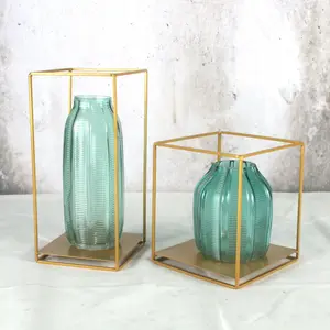 New product ideas 2024 Green vase glass with gold metal stand vases for home decor