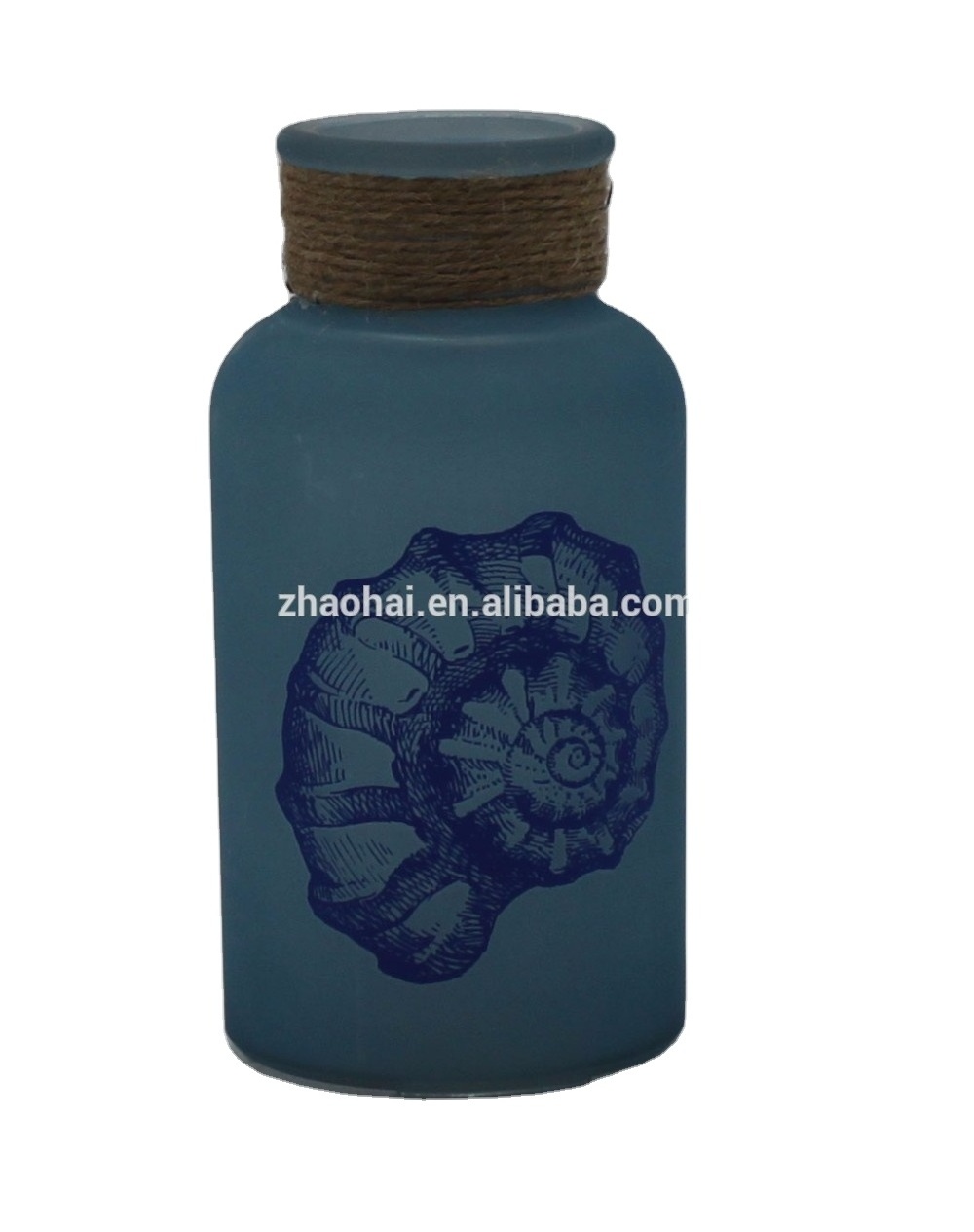 Ocean blue frosted shell decal glass bottle with colored interior stainless