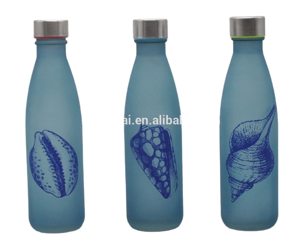 Ocean blue frosted shell decal glass bottle with colored interior stainless