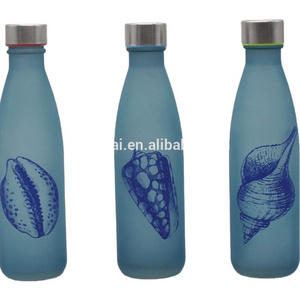 Ocean blue frosted shell decal glass bottle with colored interior stainless