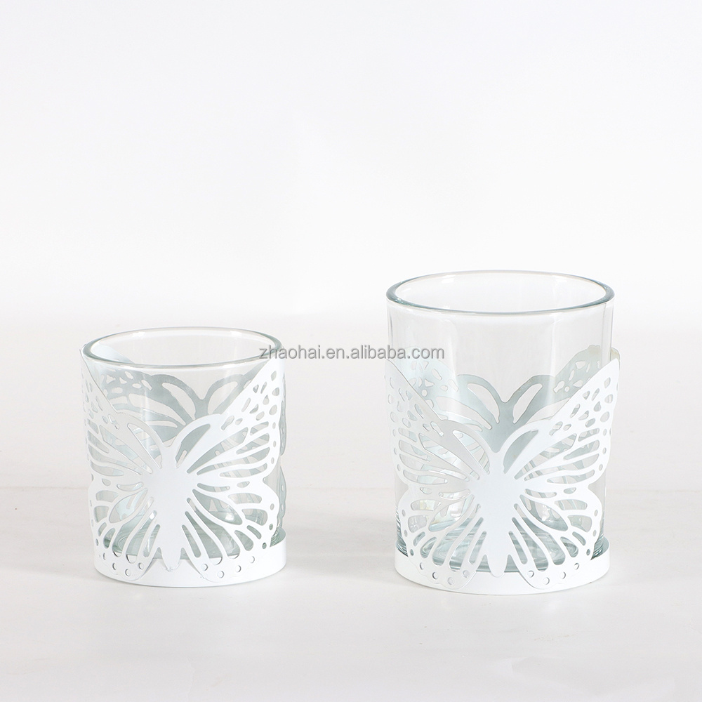 Wholesale Unique white metal squared Glass Tea Light Candle Holders With Butterfly Wholesale Candle Jars home decoration