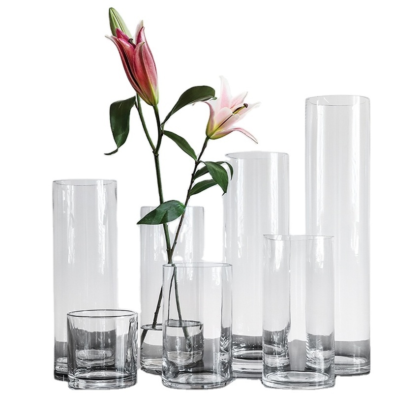 Wholesale Factory Supplies Cheap Tall Home Cylinder Modern Nordic Wedding Decorations Clear Flower Glass Vase