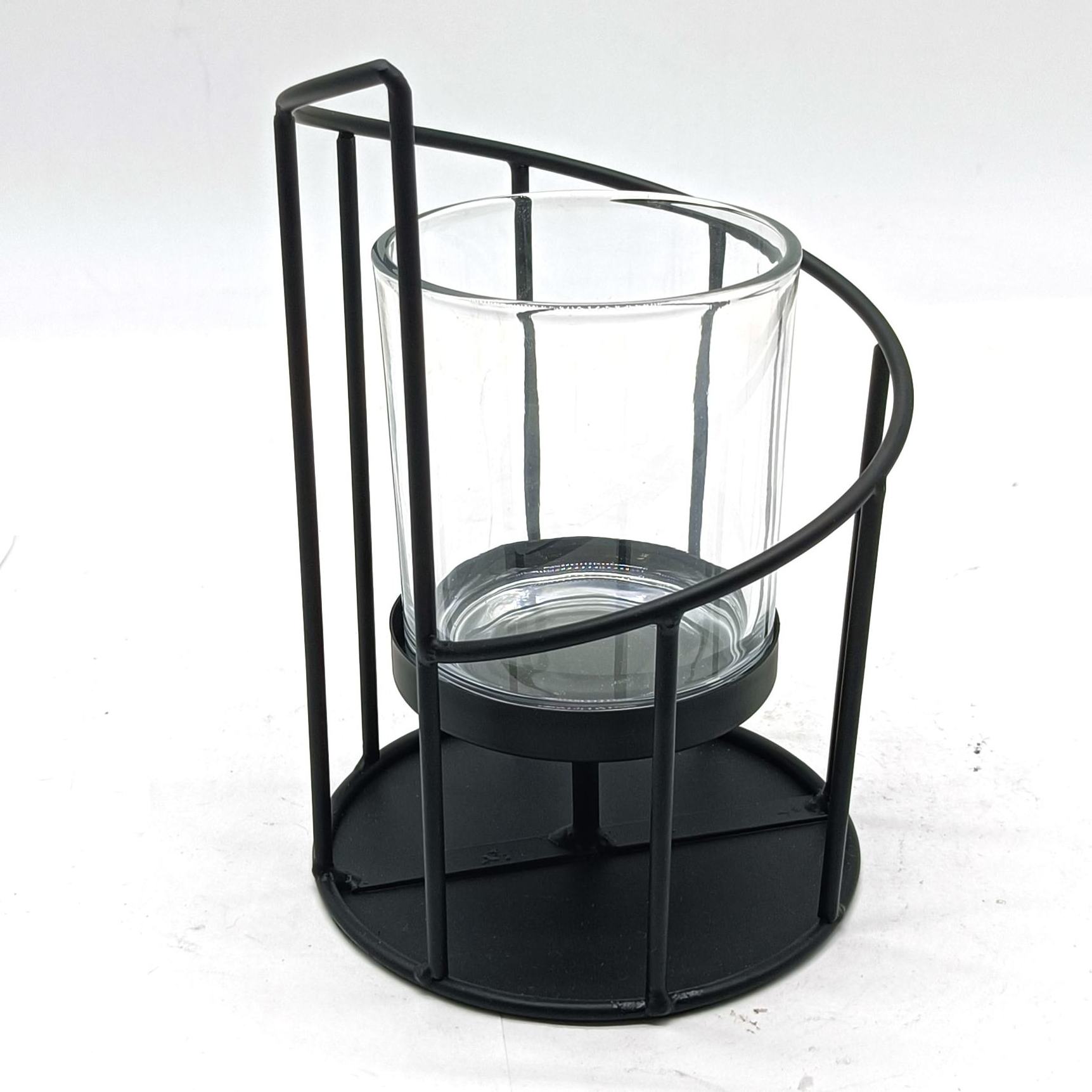 Nordic modern metal geometric glass candle holder  table black metal lanterns