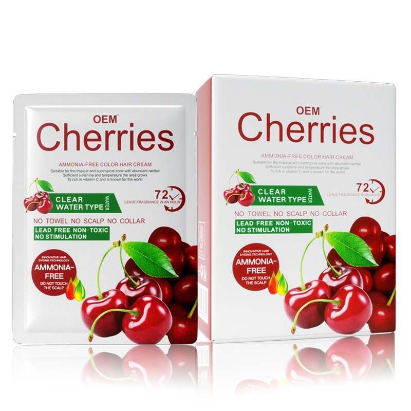 Manufacture OEM PPD Free 72 Cherries Fruit Fragrance Ammonia Free Hair Color Dye Shampoo Cream In Sachets For Men Women