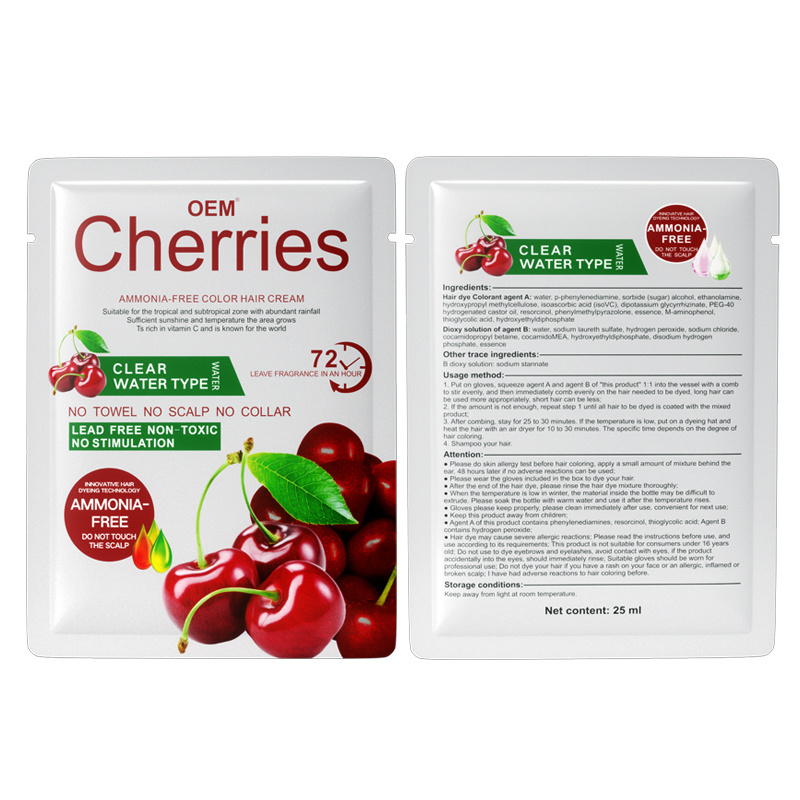 Manufacture OEM PPD Free 72 Cherries Fruit Fragrance Ammonia Free Hair Color Dye Shampoo Cream In Sachets For Men Women