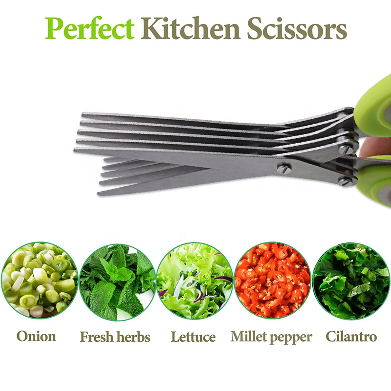 Herb Scissors Kitchen Herb Shears Cutter with 5 Blades and Cover Sharp Dishwasher Safe Kitchen Gadget - Green