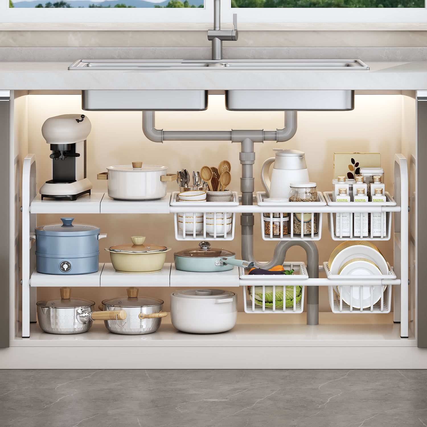 Under Sink Organizer and Storage Cabinet Sink Shelf Cabinet Storage Shelves Under Sink Storage for Kitchen Bathroom Cabinet