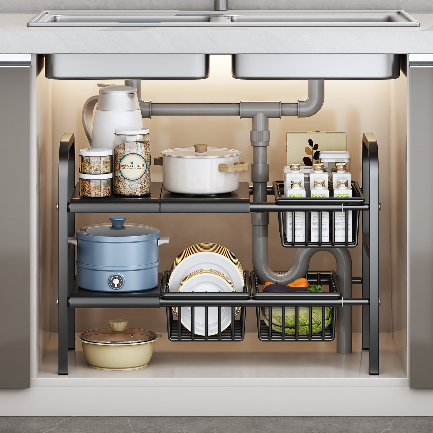 Under Sink Organizer and Storage Cabinet Sink Shelf Cabinet Storage Shelves Under Sink Storage for Kitchen Bathroom Cabinet