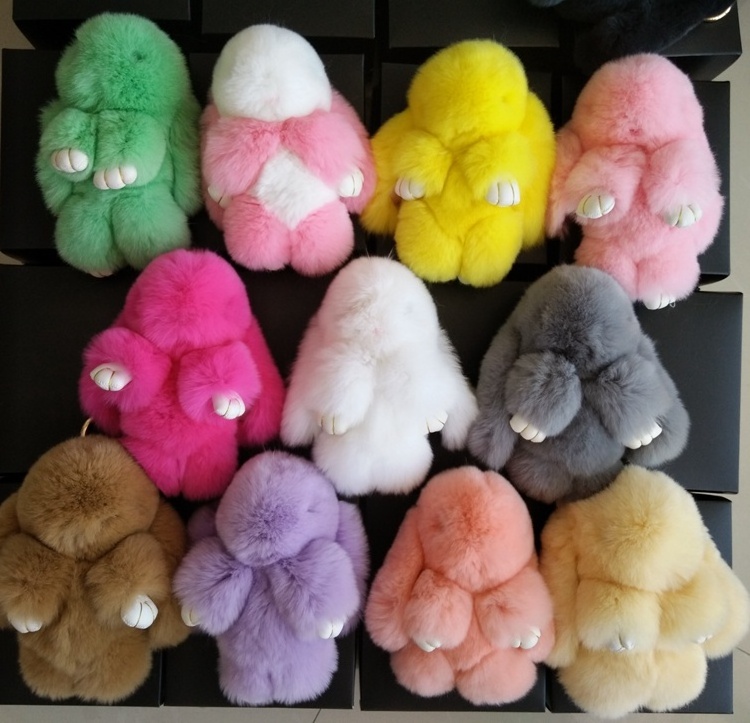 100% Real Wholesale Bunny Keychain Rex Rabbit Faux Fur Pom Poms Keychain