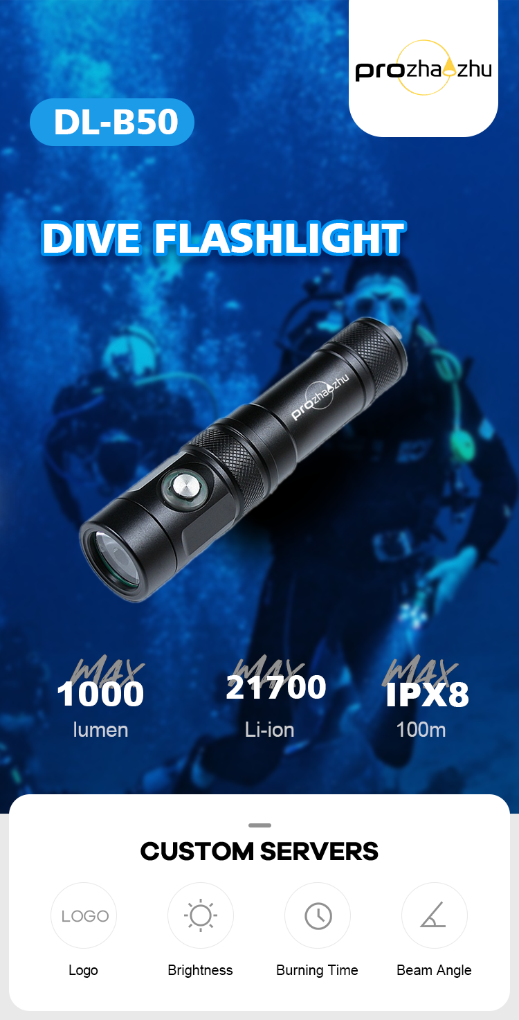 Aluminum 1200 Lumen 21700 Rechargeable IP68 Waterproof 100M Underwater Flashlight With Type C Power Indicator Diving Torch