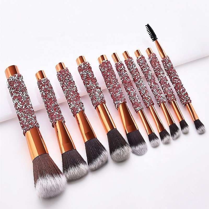 ZH Rose golden Glitter Handle 10pcs crystal diamond foundation brush set with PU bag makeup brushes