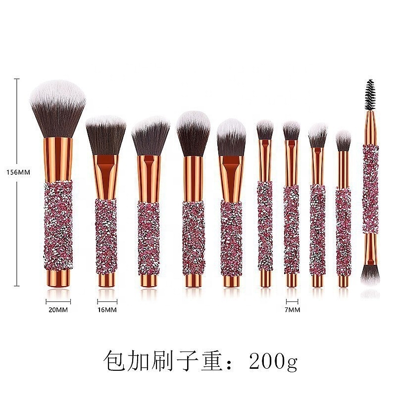 ZH Rose golden Glitter Handle 10pcs crystal diamond foundation brush set with PU bag makeup brushes