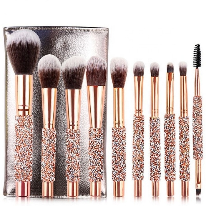 ZH Rose golden Glitter Handle 10pcs crystal diamond foundation brush set with PU bag makeup brushes