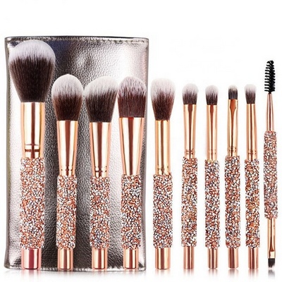 ZH Rose golden Glitter Handle 10pcs crystal diamond foundation brush set with PU bag makeup brushes