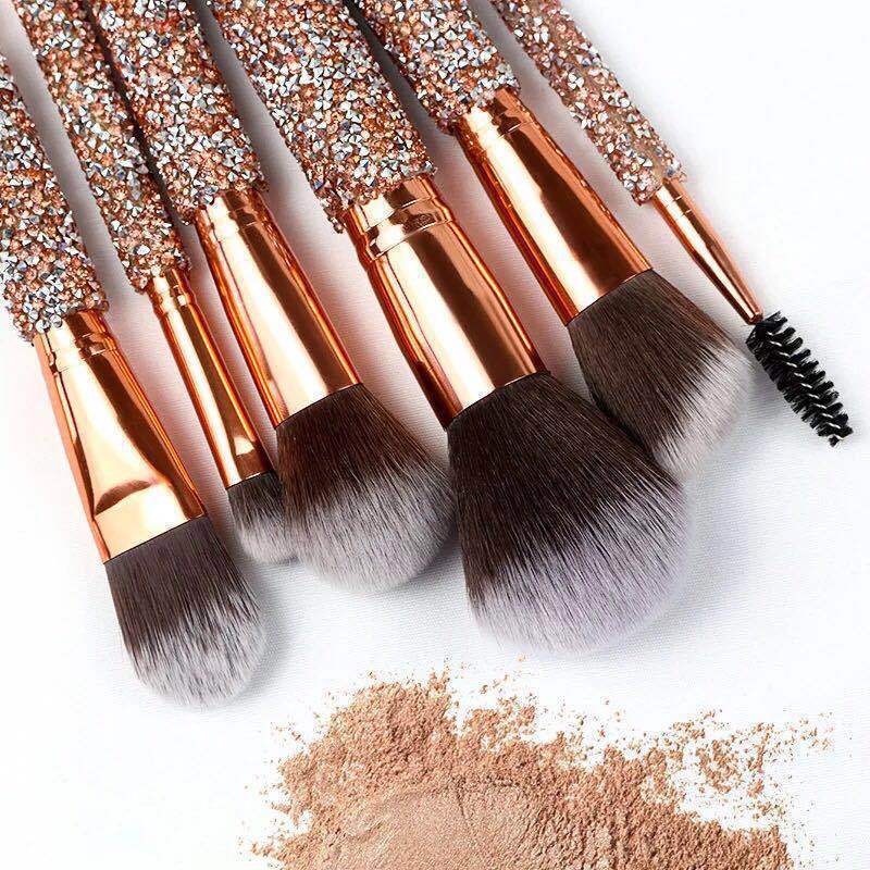 ZH Rose golden Glitter Handle 10pcs crystal diamond foundation brush set with PU bag makeup brushes