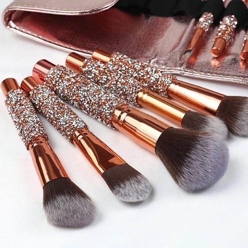 ZH Rose golden Glitter Handle 10pcs crystal diamond foundation brush set with PU bag makeup brushes