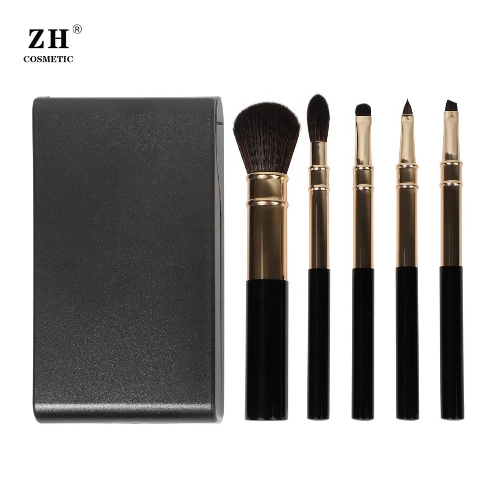 ZH 5pcs Synthetic Premium Eco Friendly Vegan Black Private Label High Quality Luxury Makeup Brush Set With Mirror Case