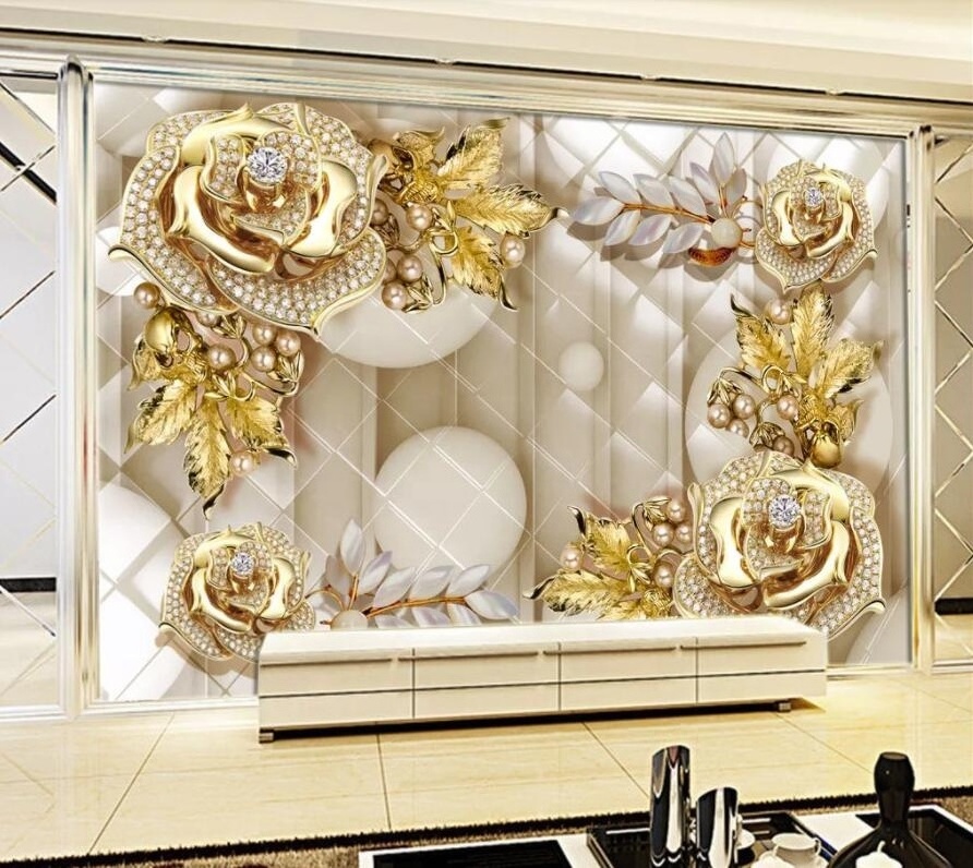 ZHIHAI Luxury Diamond Flowers 3D Jewelry TV Background Wall Painting Wallpaper Murals Waterproof Guangzhou Graphic Design Modern