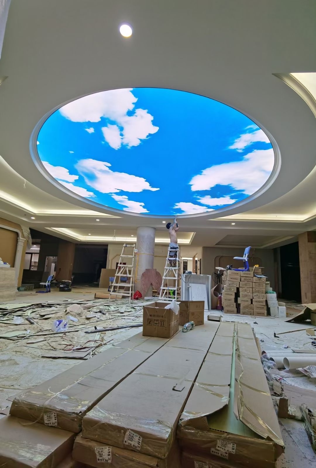 ZHIHAI blue sky print fixed with led lights backlit metal structure hold pvc ceiling tiles