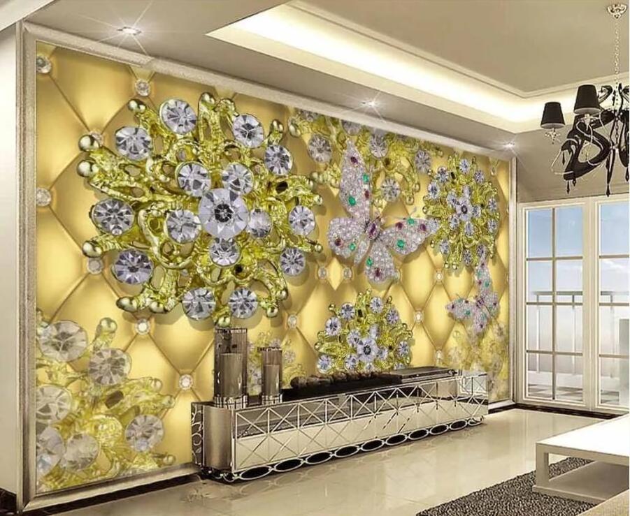 ZHIHAI 3D Luxury Gold Jewelry Diamond Flower TV Background Wall 3d wallpaper for living room