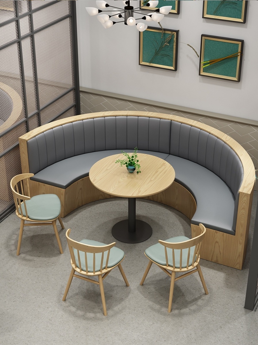 New wood design restaurant round booth seating with table set customize modern half circle leather booth and wood table set