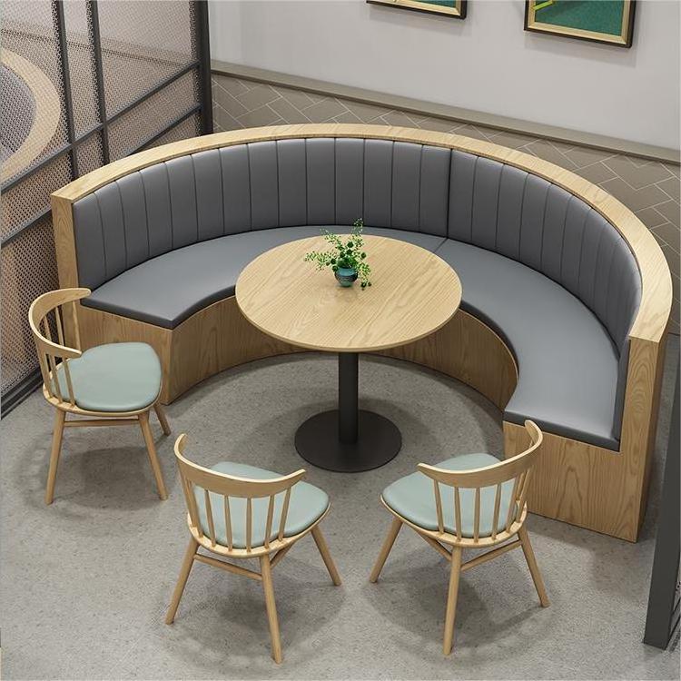 New wood design restaurant round booth seating with table set customize modern half circle leather booth and wood table set