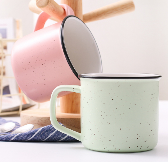 Pink blue beige green ceramic enamel speckled coffee mug campfire mug custom logo blank coffee printing ceramic mug