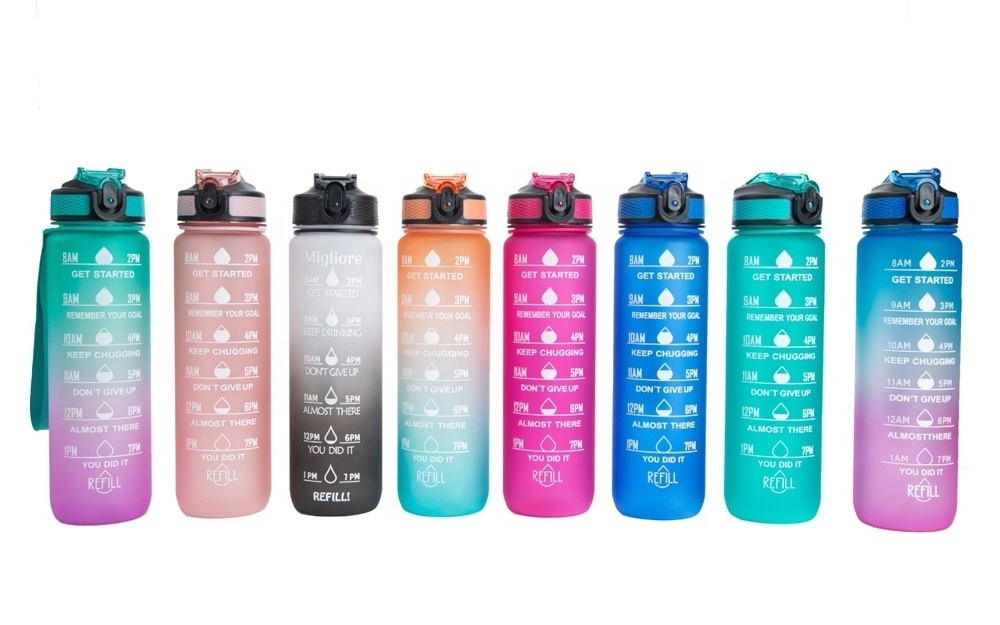 Fitness time maker Tritan BPA free plastic protein custom logo 32oz 1000ml 1 liter motivational water bottle for sport