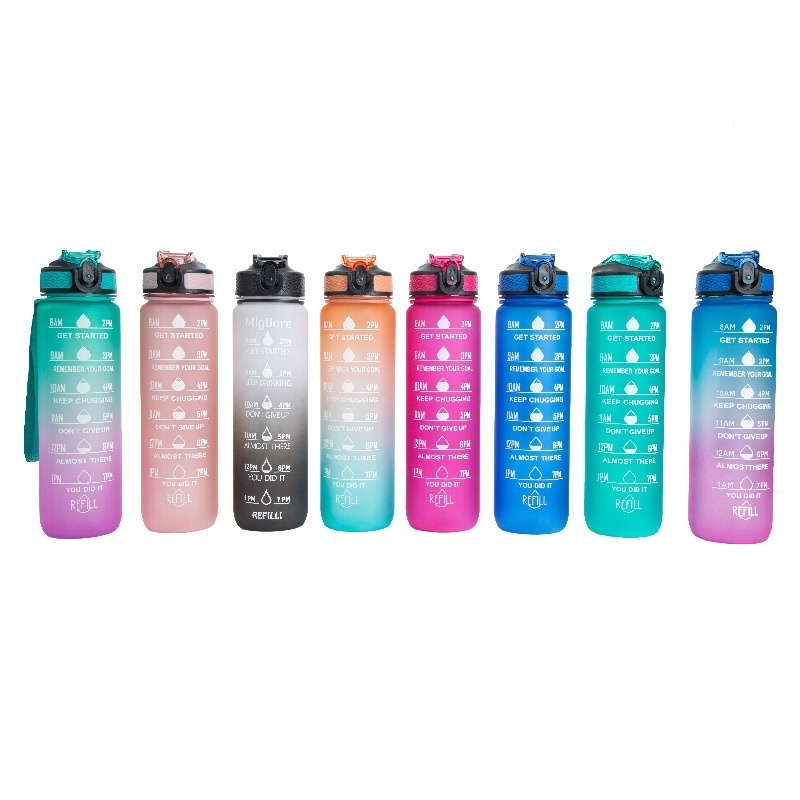 Fitness time maker Tritan BPA free plastic protein custom logo 32oz 1000ml 1 liter motivational water bottle for sport