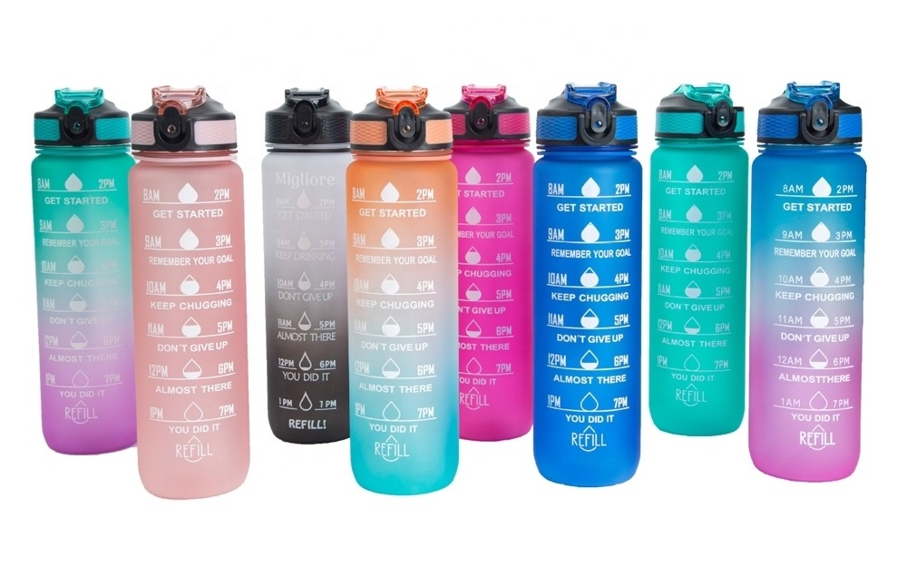 Fitness time maker Tritan BPA free plastic protein custom logo 32oz 1000ml 1 liter motivational water bottle for sport