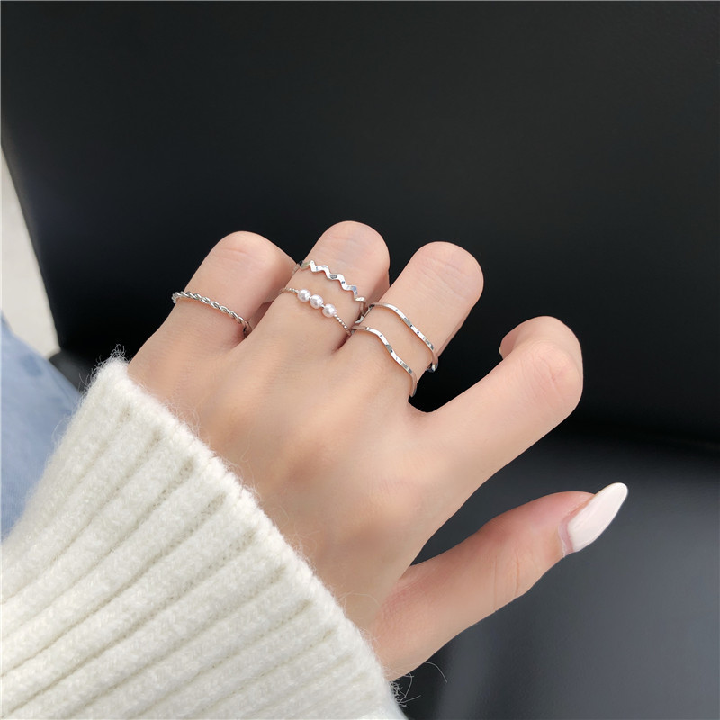 Ring female Japanese and Korean simple INS pearl wavy combination of five-piece set of personality net red tail ring