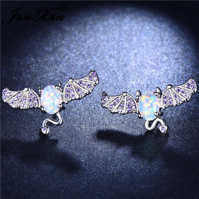 Halloween Jewelry Bat Stud Silver Color Zircon Stone Earrings White Oval Opal Earrings For Women