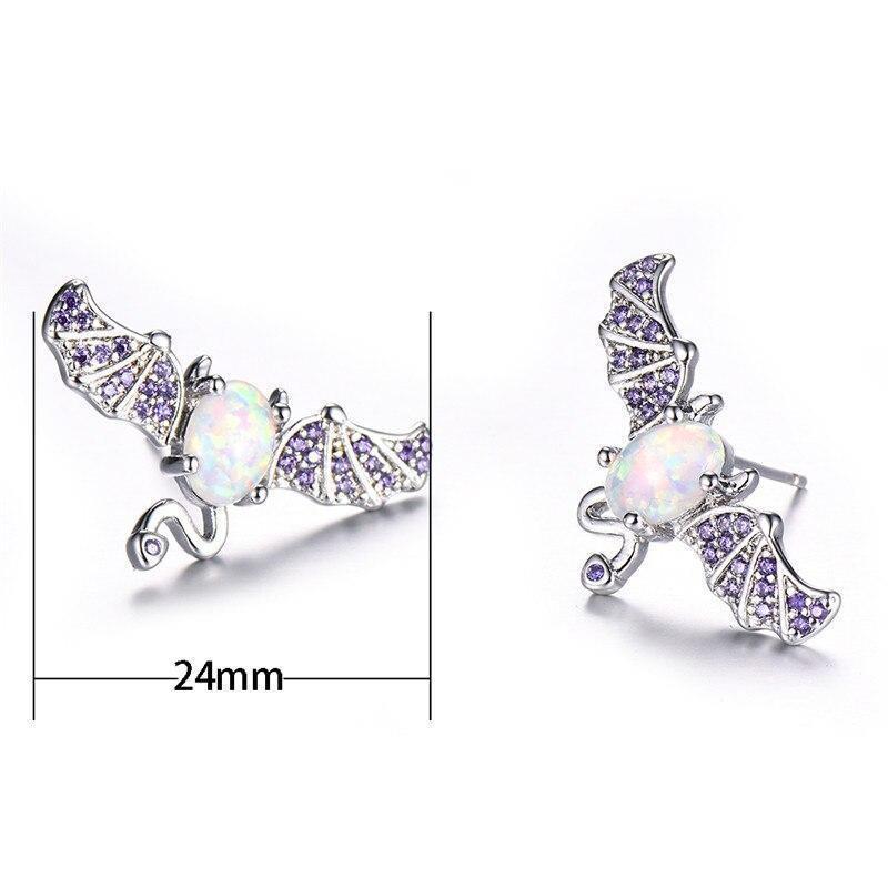 Halloween Jewelry Bat Stud Silver Color Zircon Stone Earrings White Oval Opal Earrings For Women