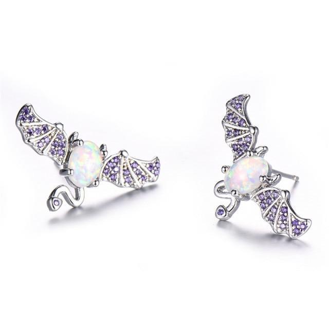 Halloween Jewelry Bat Stud Silver Color Zircon Stone Earrings White Oval Opal Earrings For Women