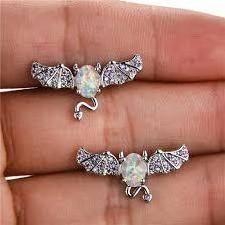 Halloween Jewelry Bat Stud Silver Color Zircon Stone Earrings White Oval Opal Earrings For Women