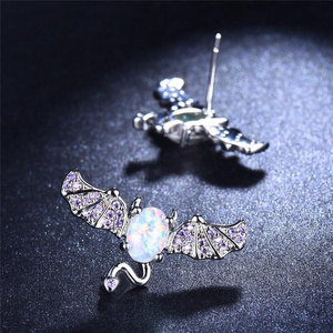 Halloween Jewelry Bat Stud Silver Color Zircon Stone Earrings White Oval Opal Earrings For Women