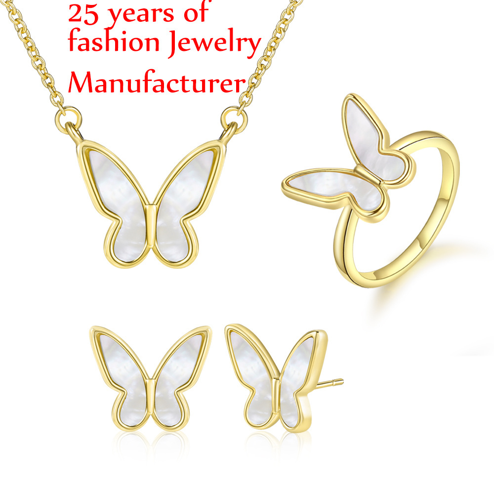 Wholesale Jewelry Customize Silver Butterfly 18K Gold Plated Rings Mother of Pearl Necklace Pendant Stud Earrings Jewelry Sets