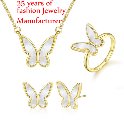 Wholesale Jewelry Customize Silver Butterfly 18K Gold Plated Rings Mother of Pearl Necklace Pendant Stud Earrings Jewelry Sets