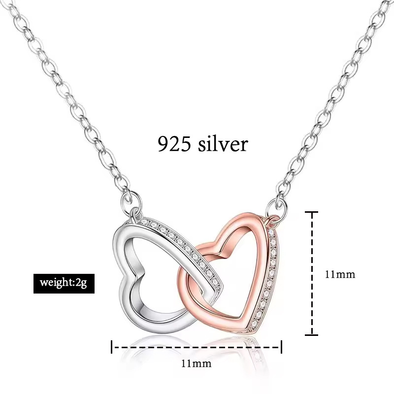 Genuine 925 Sterling Silver Custom Double Heart Necklace Pendant High Quality Jewelry Valentine Day Necklace